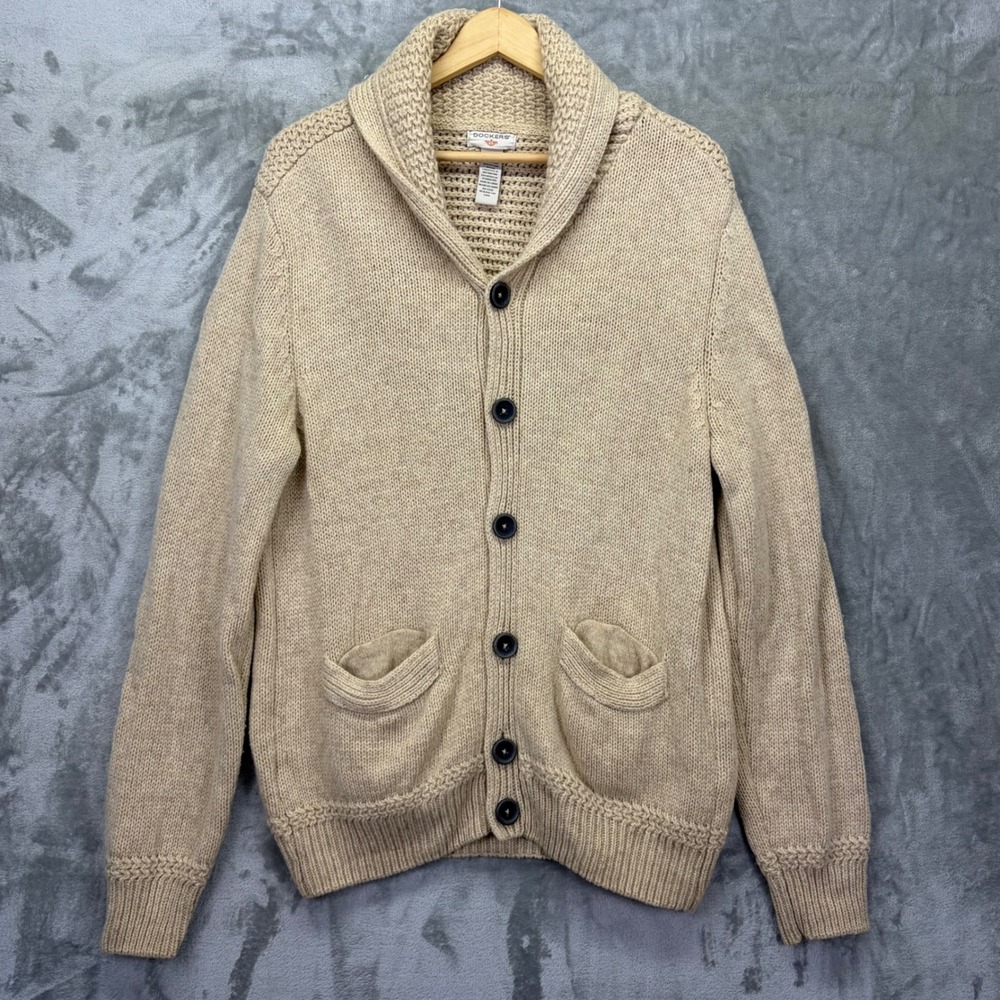 Shawl Collar Mens Cardigan Lambswool Knit Sweater Tan Medium by Dockers Heritage